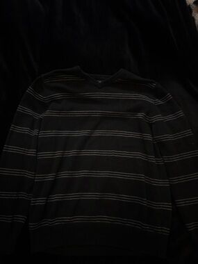 Oversized Black V-Neck Sweater with Grey Stripes!